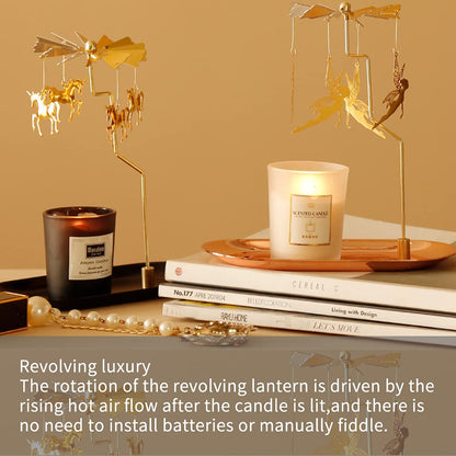 Creahaus Spinning Candle Holder with Tray, Glod Carousel Candle Spinner, Rotating Metal Tea Light Candle Holder for Table Centerpiece, Christmas, Valentine's Day, Party Decor, Gift (Gold Elves)