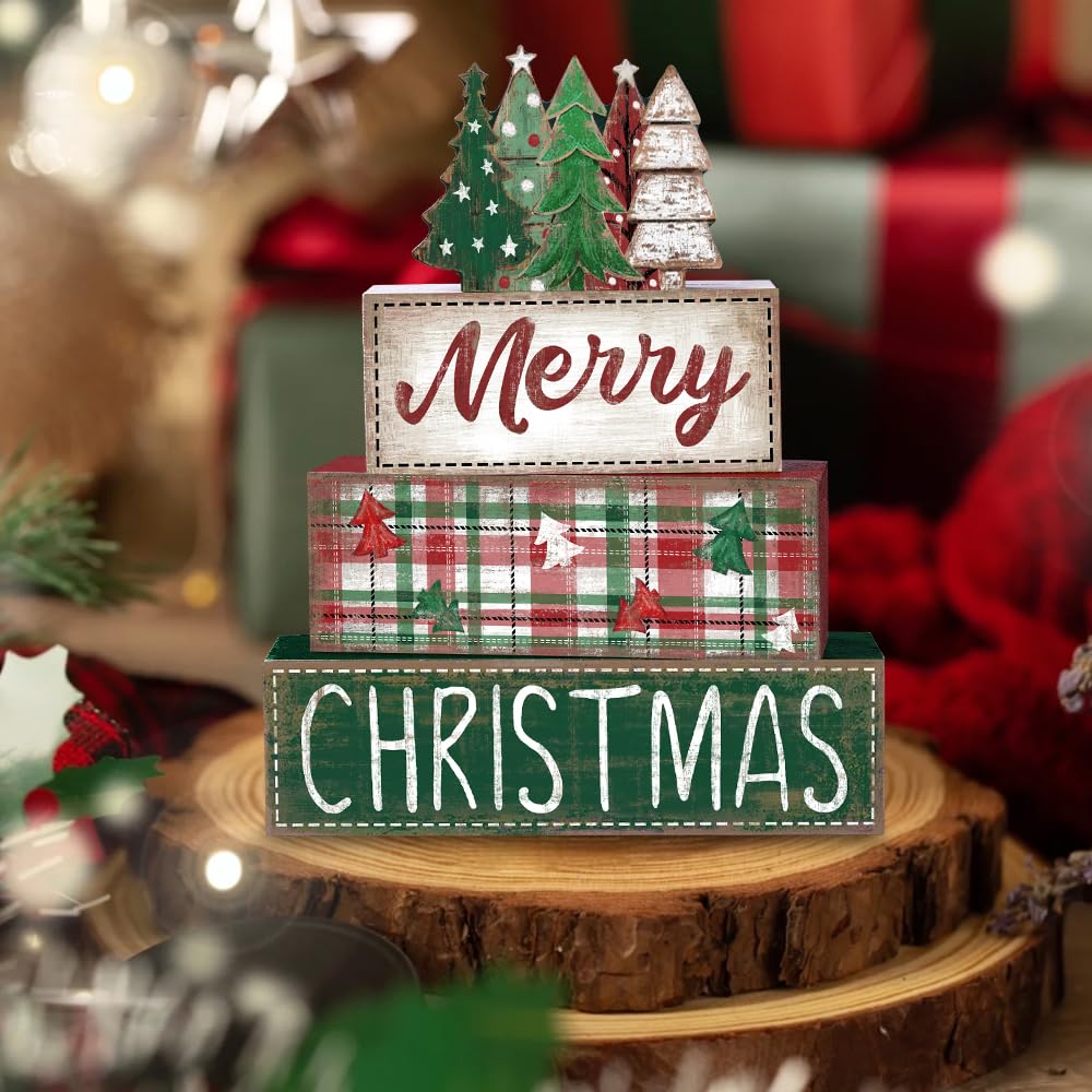 DIYDEC 4Pcs Christmas Table Decoration Green Tree Wooden Block Sign Christmas Tiered Tray Decor Winter Centerpiece Decorative Sign for Xmas Holiday Tabletop Coffee Fireplace Shelf Desk Party Decor