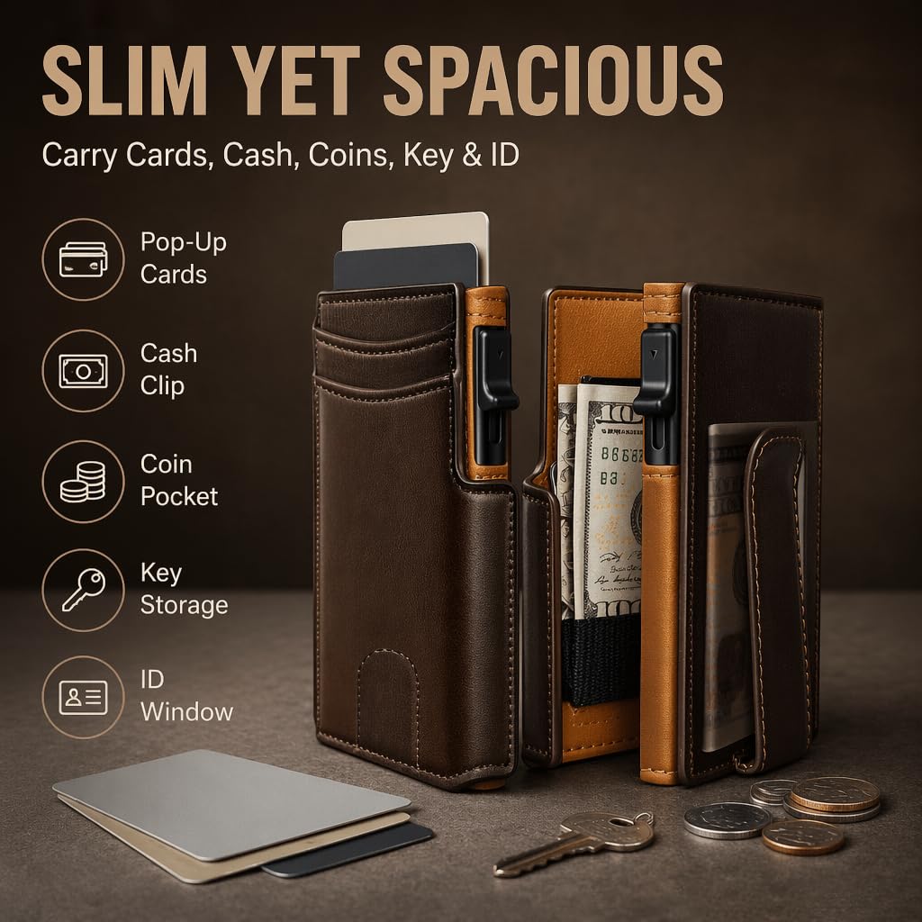 Plinvo Men's Slim Front Pocket Wallet with Integrated Money Clip & Coin Pocket, RFID Blocking & ID Window (Brown)