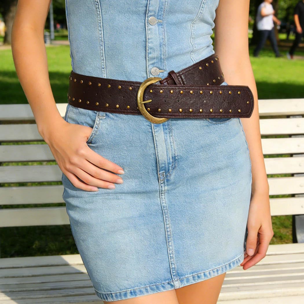 Beautriy Wide Studded Leather Belts Chunky Vintage Belt Fashion Thick Belt Accessories for Women (Coffee)