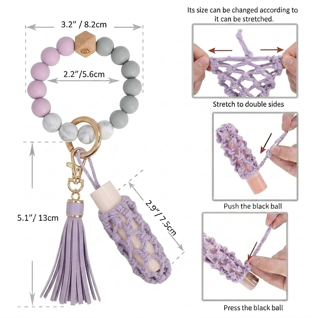 BIHRTC Keychain Bracelet with Leather Card Wallet Hand Made Dream Weaving Lipstick Holder Silicone Bead Key Ring Bracelet Bangle Purse Card Key Holder for Women Wristlet Keychain