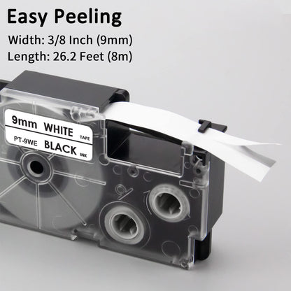 Pristar Replace for Casio XR-9WE XR9WE XR-9WE2S 9mm Labeling Tape 3/8" Black On White Label Tape Compatible with Casio EZ Label Printers KL-60 KL-100 KL-120 KL-430 KL-750 KL-780 KL-7200, 6-Pack