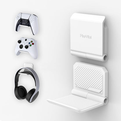 PlayVital FOLD Controller Holder Wall for PS5 PS4 Xbox Switch Pro Headset, 2 Pack Universal Storage Organizer Gaming Controller Stand Headphone Mount - Foldable Anti-Slip Adhesive Removable, White