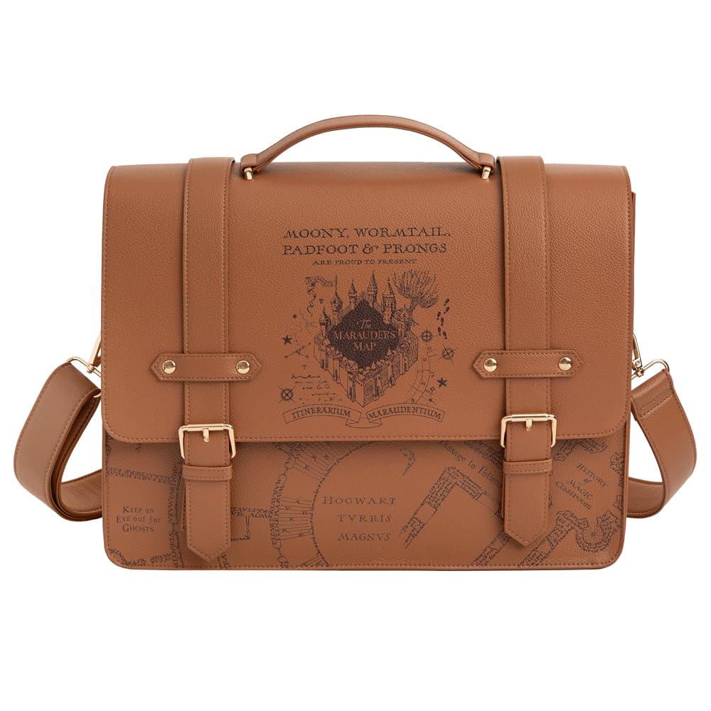 ConQuest Journals Harry Potter Marauder's Map Satchel, Vegan Leather Messenger Tote Bag, 50'' Crossbody Strap & Top Handles, Snap Buckle Closure, 2 Inside Pockets, 11'' x 15'', Officially Licensed