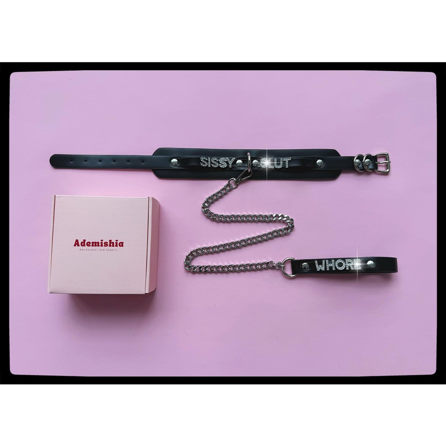 ADEMISHIA Women's Black Leather Choker Necklace with Rhinestone Letters, Adjustable Punk Gothic Custom Name D-ring Collar Jewelry For Women