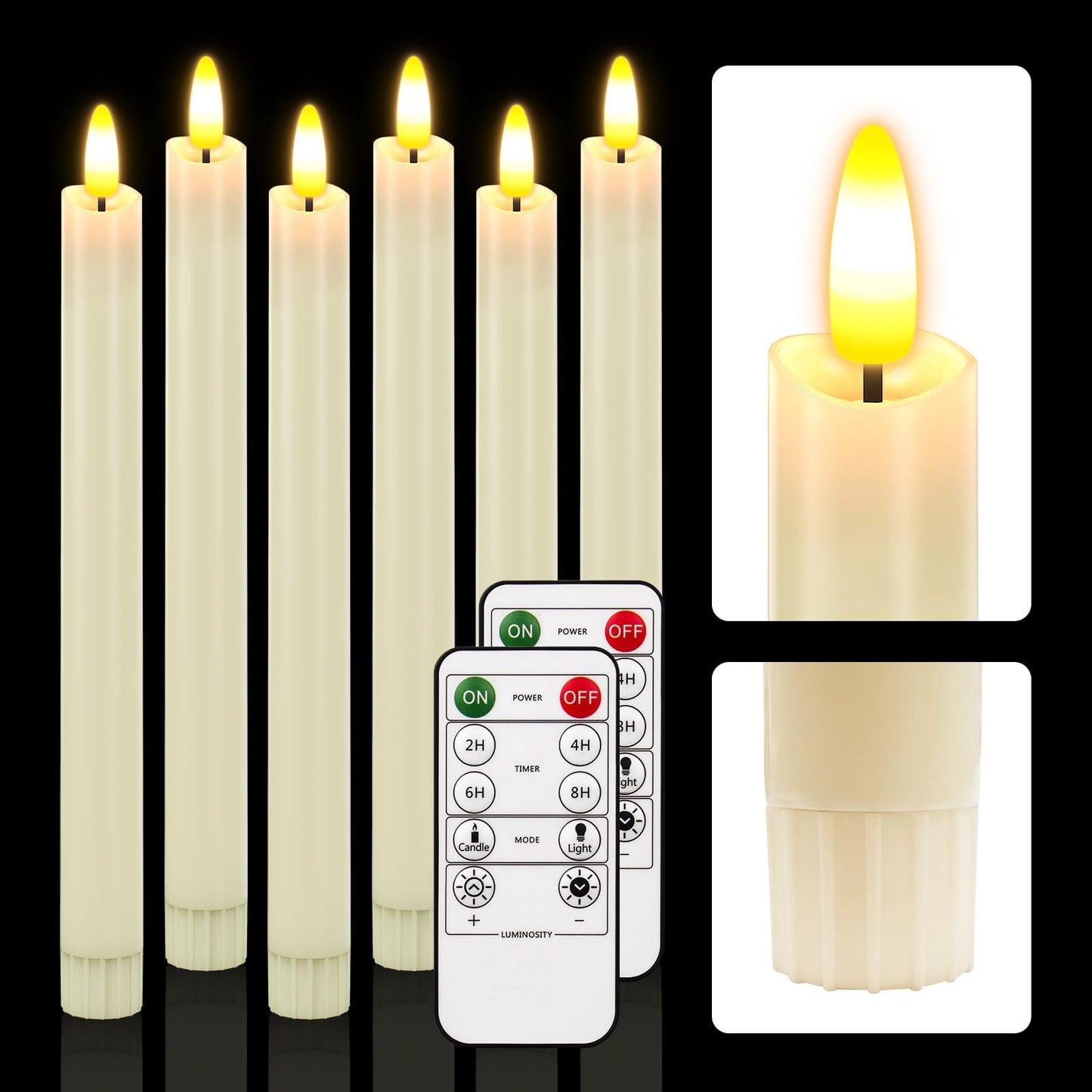 HL Flameless Taper Candles with Remote Timer, 450H+ Battery Operated LED Candlesticks, Warm 3D Flickering Flame, 9.6" Window Sticks Candles for Halloween Christmas Home Decor（Ivory 6PCS）