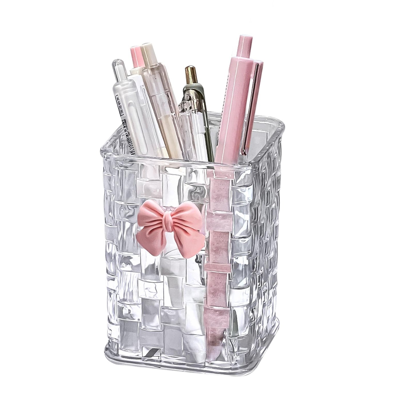 CCREDONE Acrylic Pen Holder for Desk, Clear Pencil Organizer Makeup Brush Cup Holders with Bow Back To School Accessories for Teachers Appreaction Present (Transparent)