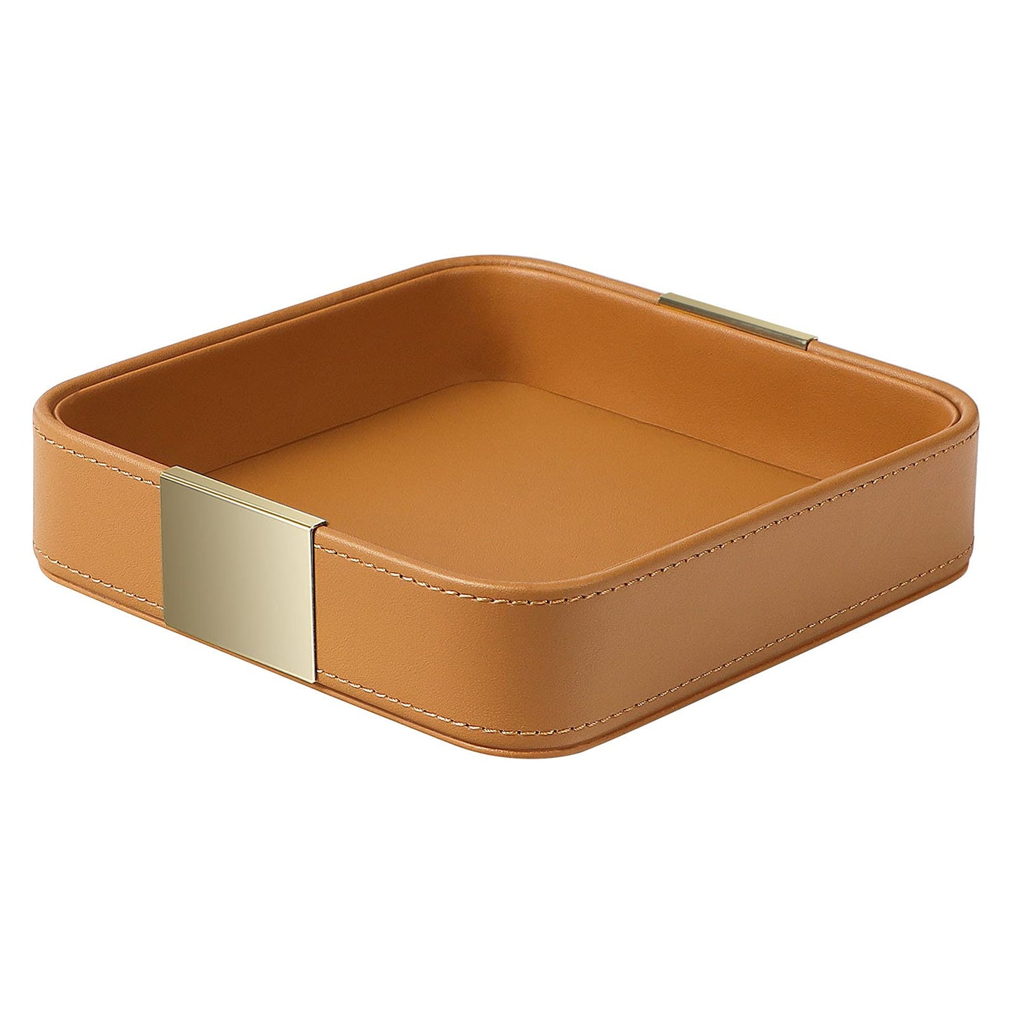SANZIE Luxury Leather Desktop Storage Small Catchall Organizer Decorative Tray for Entryway Table to Hold Jewelry Watch Cosmetics Keys Phone Wallet, Home & Office Accessories (Metal Gilded, Orange)