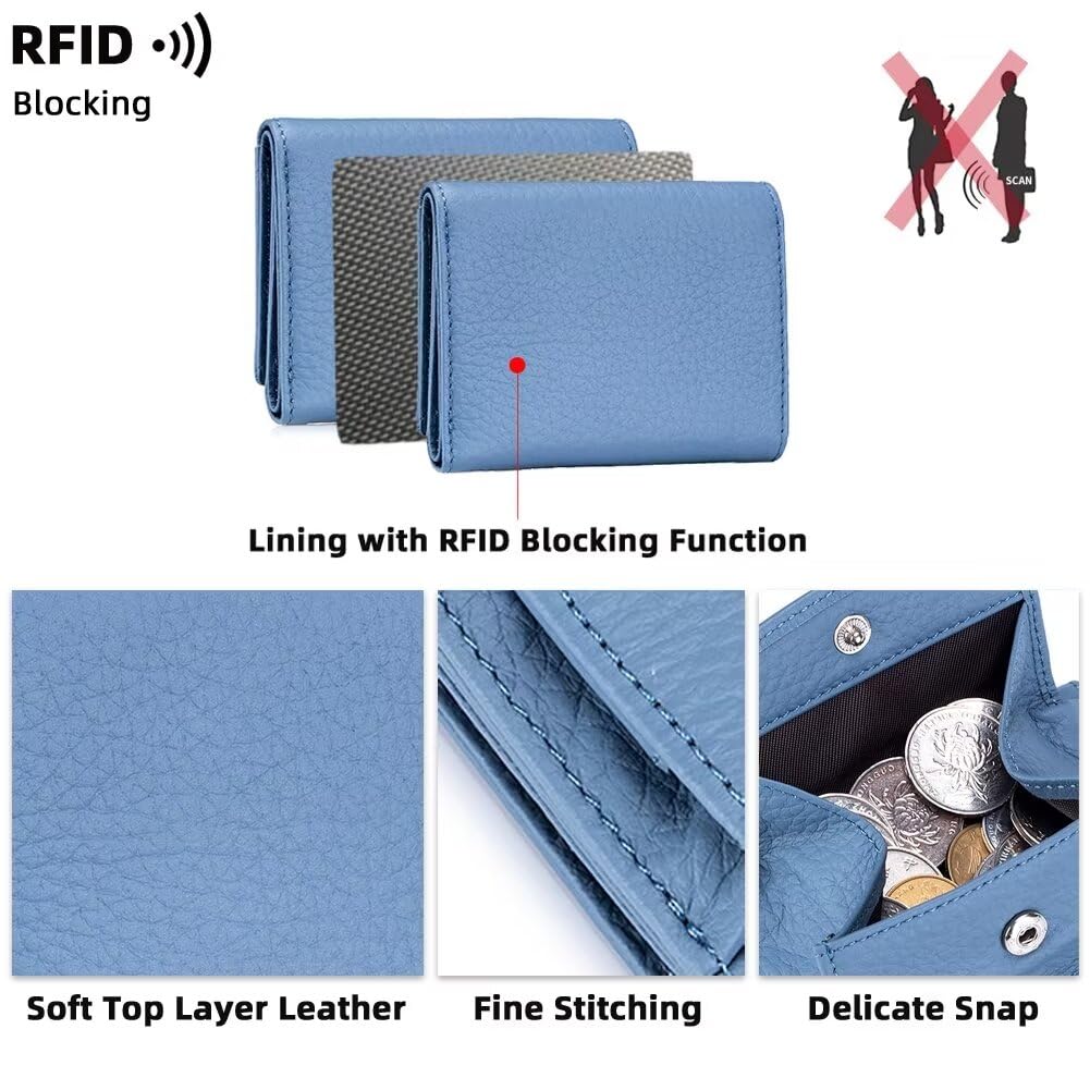 Mudono Small Wallet for Women Genuine Leather RFID Blocking Card Holder Minimalist Tri-fold Cash Wallet with Snap Coin Pouch