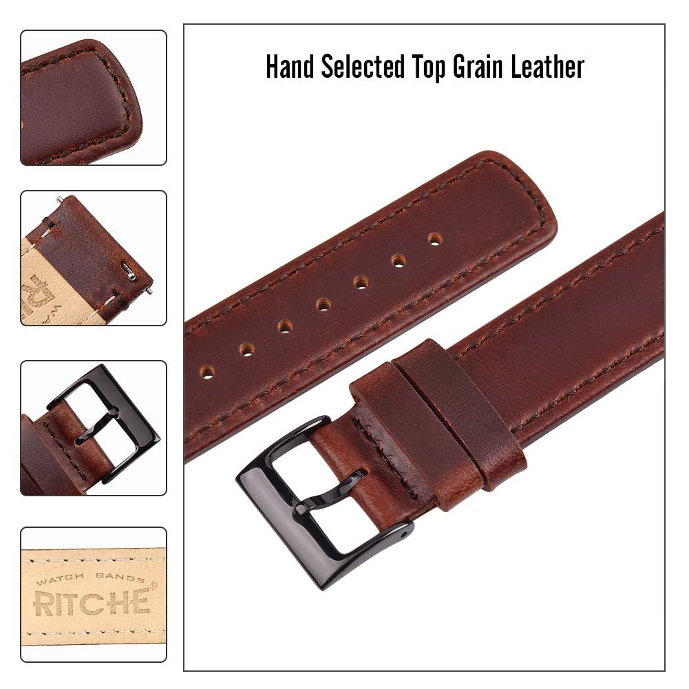 Ritche Leather Watch Strap with Quick Release Pins, 22mm Replacement Watch Band for Men and Women, Fits Smartwatches & Traditional Watches