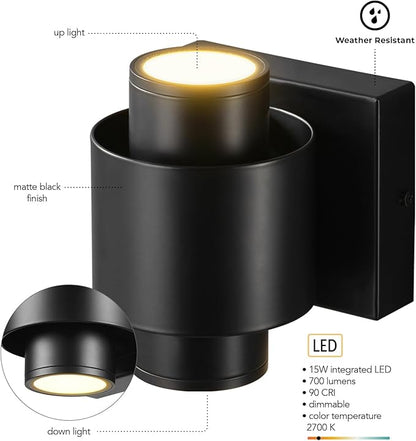 GLOBE Electric 60000126 LED Integrated 15-Watt Outdoor Wall Sconce, Matte Black, Up/Down Light Direction, 700 Lumens, 2700 Kelvin, 90 CRI, Dimmable