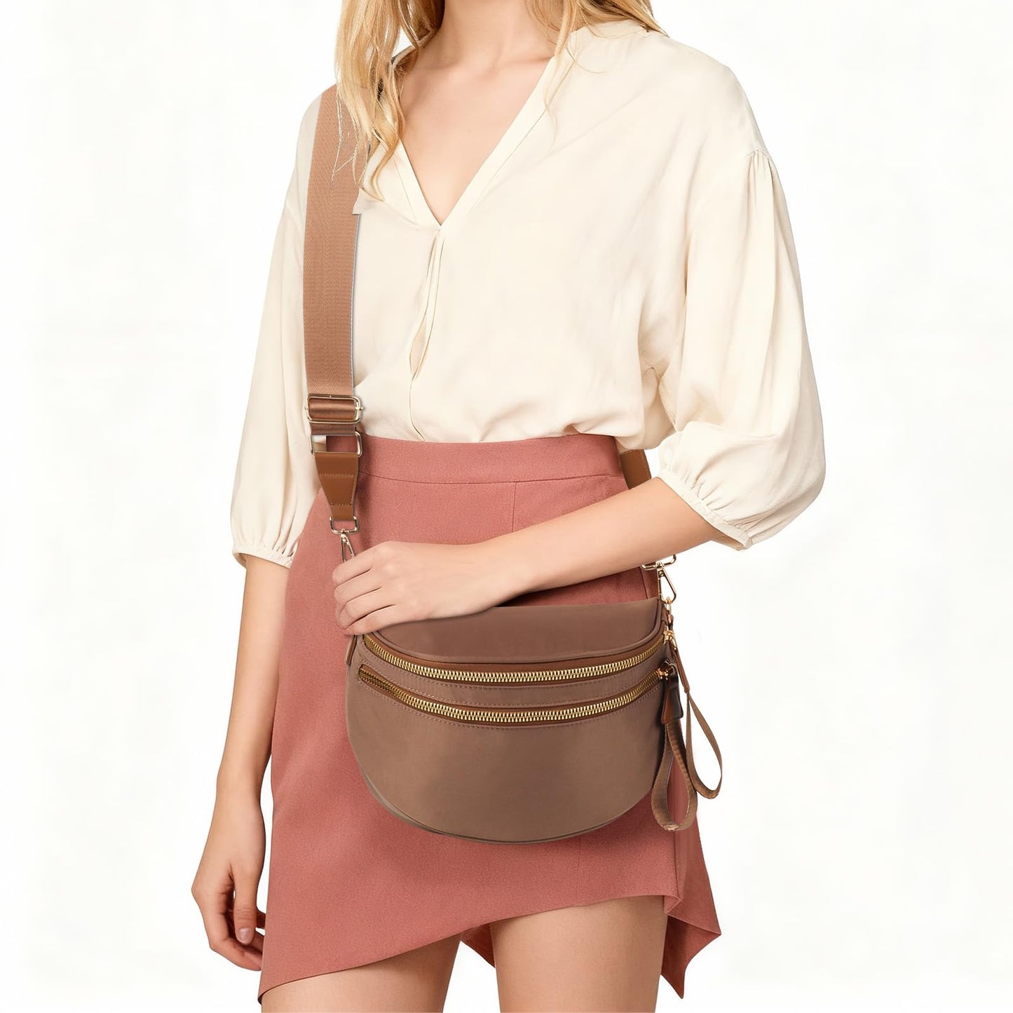 Crossbody Bags for Women Cross Body Purse Bum Bag Large Fanny Waist Pack with Adjustable Strap Caramel Brown