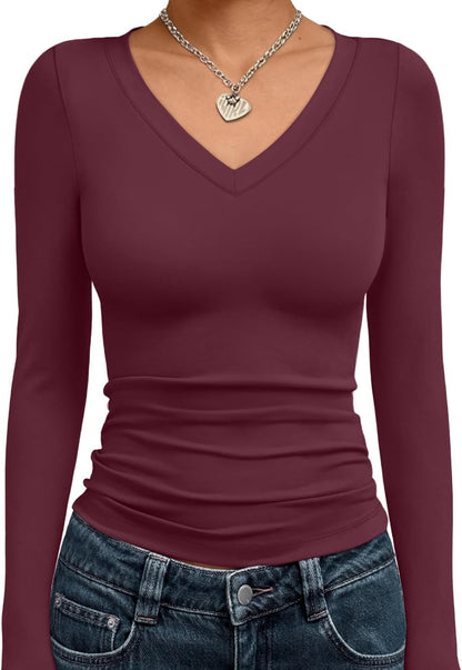 Trendy Queen Long Sleeve Shirts for Women 2025 Fall Fashion V Neck Basics Crop Tops Slim Fitted Y2K Tops Outfits Clothes
