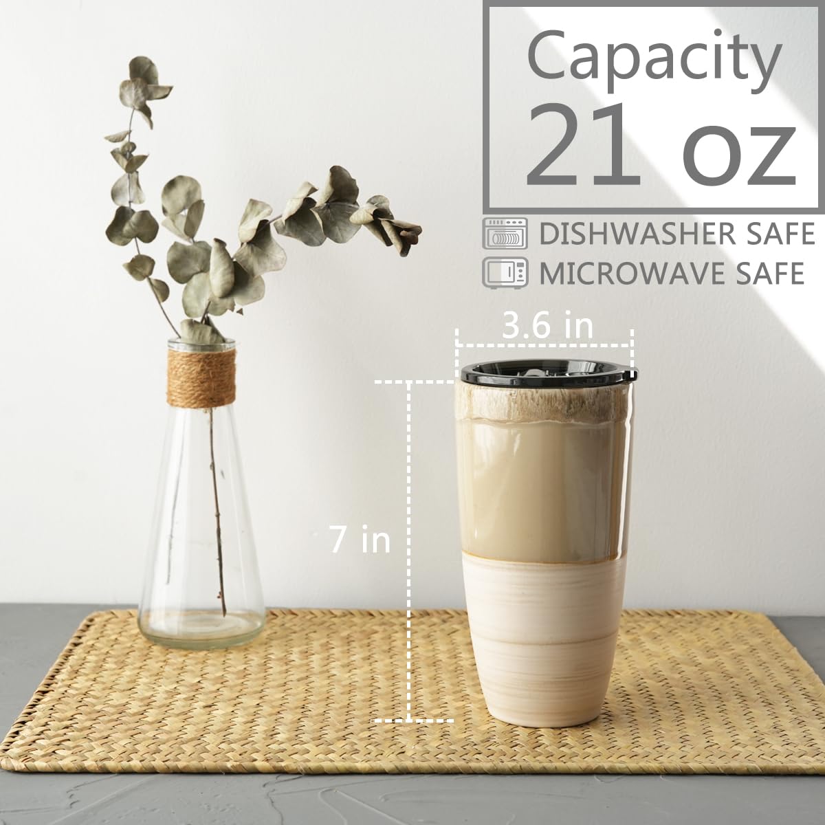 Bosmarlin Ceramic Travel Coffee Cup with Lid, 21 oz, Portable Coffee Mug for Car Cup Holder, Microwave and Dishwasher Safe, Reactive Glaze (Brown Grey)