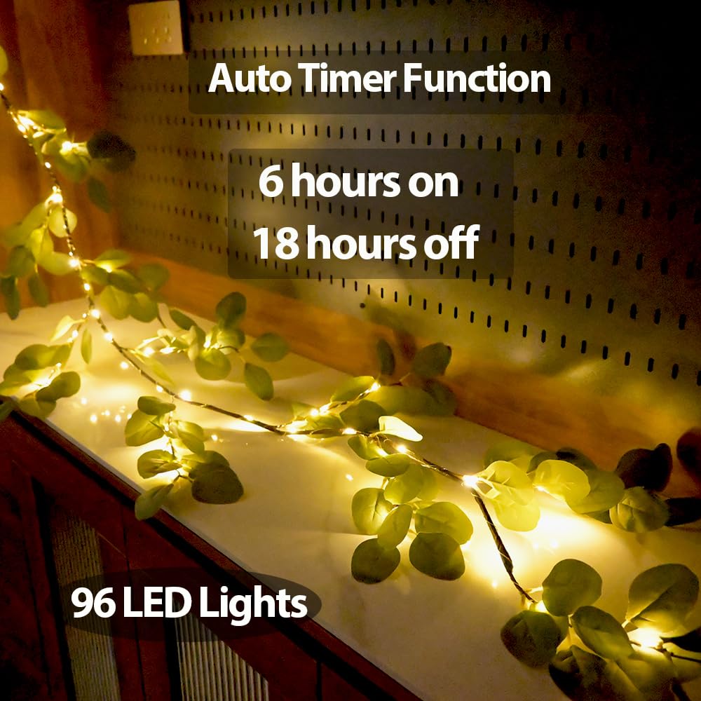 6.56FT Eucalyptus Garland with Lights 96 LEDs 8 Modes Battery Operated with Timer Faux Twig Vine Lights Spring Greenery Garlands for Mantle Fireplace Wall Table Stairs Wedding Party Bedroom Home Decor