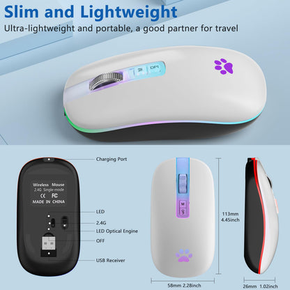 KARFUN Wireless Mouse, Backlit LED Portable Slim Computer Mouse for Laptop, PC, Computer, MacBook, iPad, Chromebook, Notebook, 2.4G Rechargeable Wireless Mouse (Black) (Black-Transparent Nose)