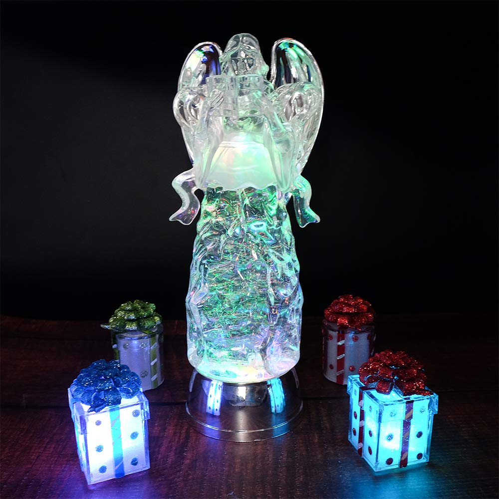 Wondise Color Changing Snow Globe Water Lamp with 6 Hour Timer, 11 Inches LED Lights Battery Operated Swirling Glitter Christmas Home Decor (Angel Reading Figurine)