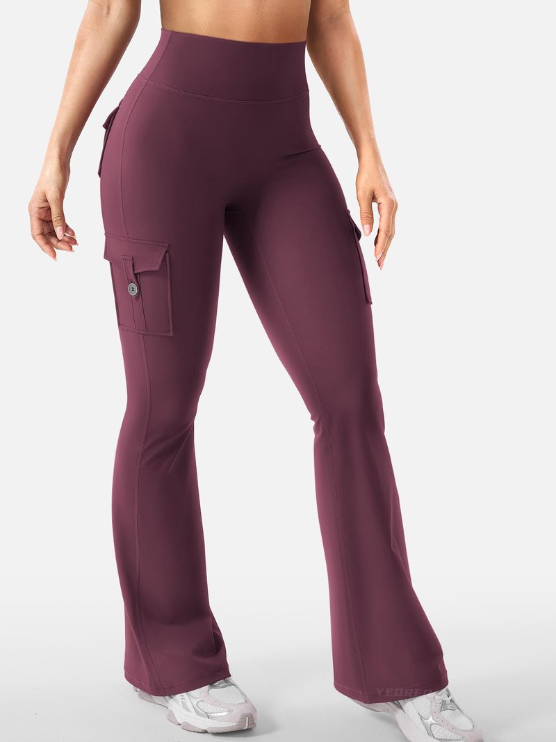 YEOREO CoreFlex Women Workout Flare Leggings with Pockets Hidden Scrunch High Waisted Cargo Gym Yoga Leggings Dark Cherry M