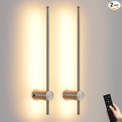 Battery Operated Wall Sconces with Remote, Dimmable 3000K-6000K/Timer/Memory LED Wall Lamp, 350°Rotate, USB Rechargeable Wireless wall lights for Living Room, Bedroom Brushed Nickel 23.6" (2 Pack)