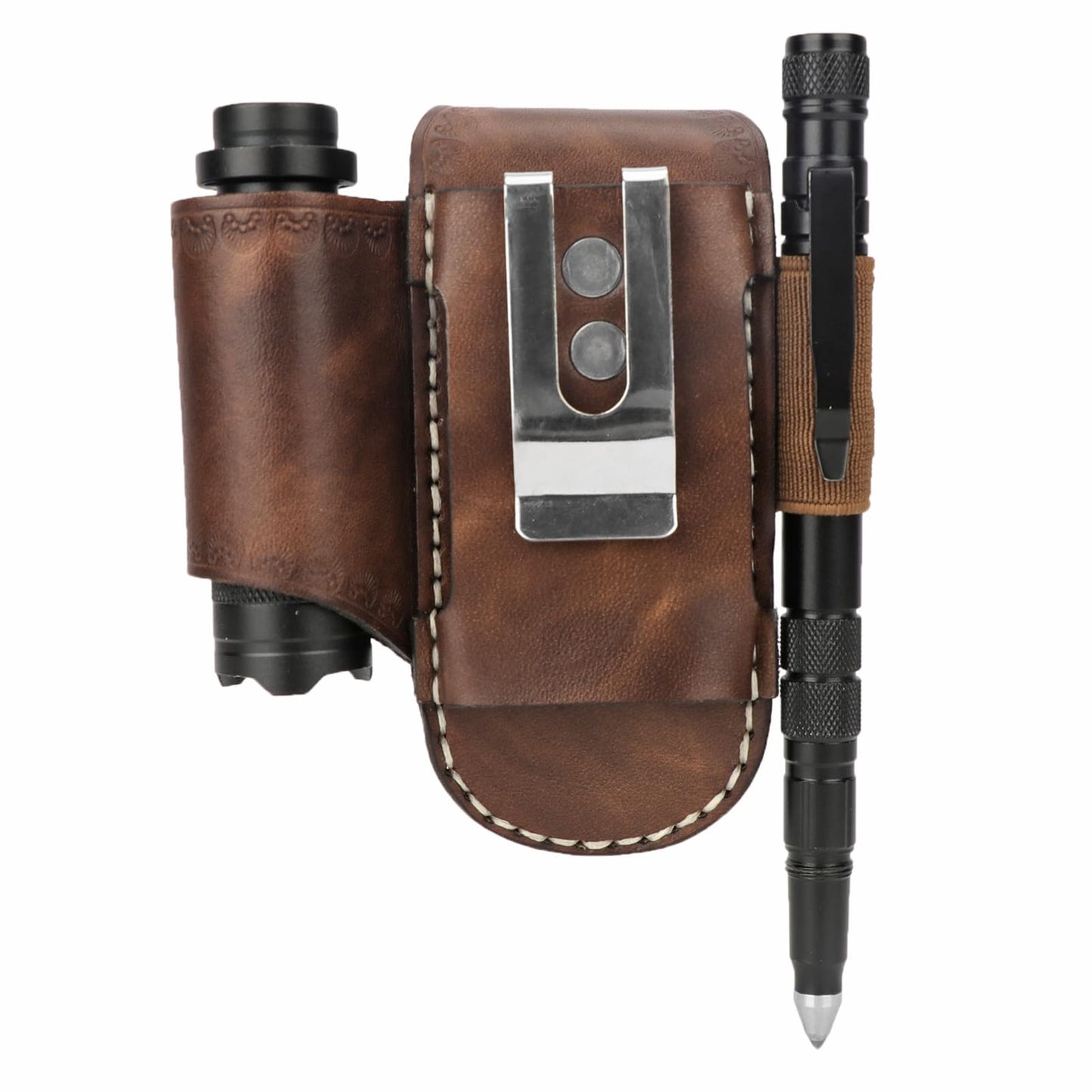 Leather EDC Belt Organizer - Handmade Multitool Sheath for Men, Tactical EDC Pouch with Flashlight Holder, Pen Holder & Belt Clip - Gifts for Men, Fits Folding Knife & Tools (Brown)