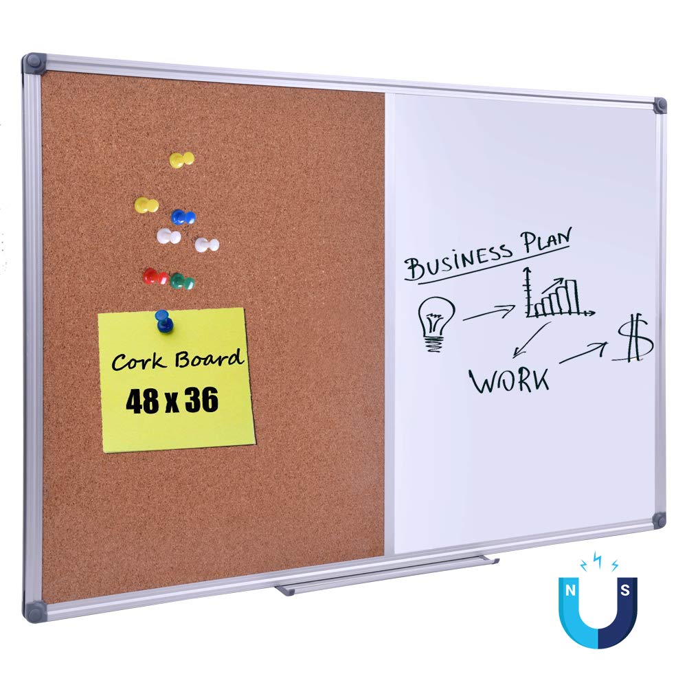 Magnetic Combination Whiteboard & Cork Bulletin Board 48 x 36 Inch - Dual Surface Vision Board for Home Office Organization, Kitchen Meal Planning & School Study - Silver Aluminum Frame
