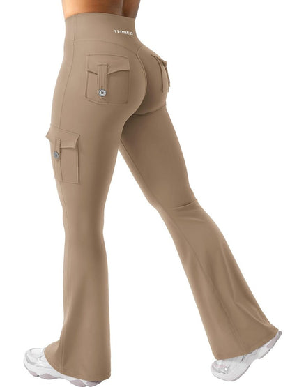 YEOREO CoreFlex Women Workout Flare Leggings with Pockets Hidden Scrunch High Waisted Cargo Gym Yoga Leggings Light Brown M