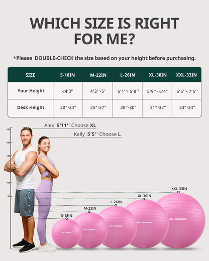 Trideer Extra Thick Yoga Ball Exercise Ball, 5 Sizes Gym Ball, Heavy Duty Ball Chair for Balance, Stability, Pregnancy, Quick Pump Included
