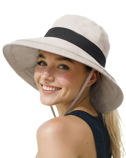 Senker Fashion Sun Hats for Women UV Protection, Waterproof Ponytail Wide Brim Bucket Hat for Summer Beach Gardening Travel Beige