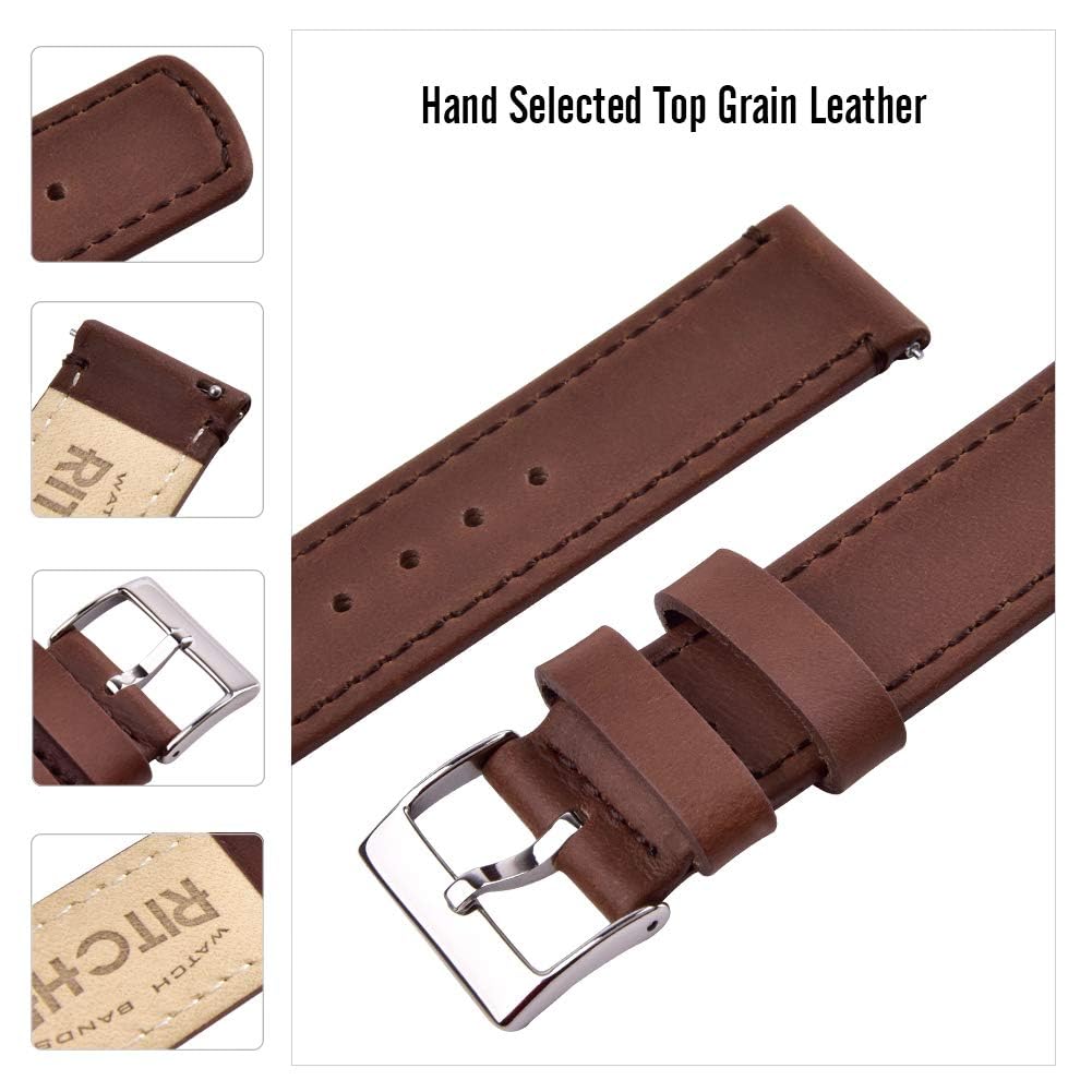 Ritche Leather Watch Strap with Quick Release Pins, 20mm Replacement Watch Band for Men and Women, Fits Smartwatches & Traditional Watches