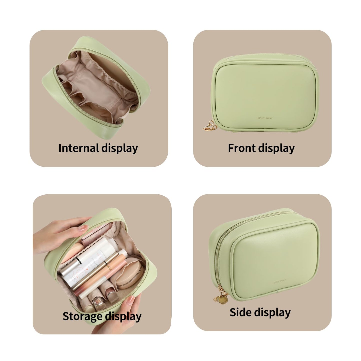 RIGHT AWAY Small Makeup Bag for Purse,Travel Cosmetic Bag Organizer for Women,Cute Make Up Pouch Waterproof Toiletry Bag with Zipper,Portable Makeup Case Skincare Bag for Travel Accessories(Green)
