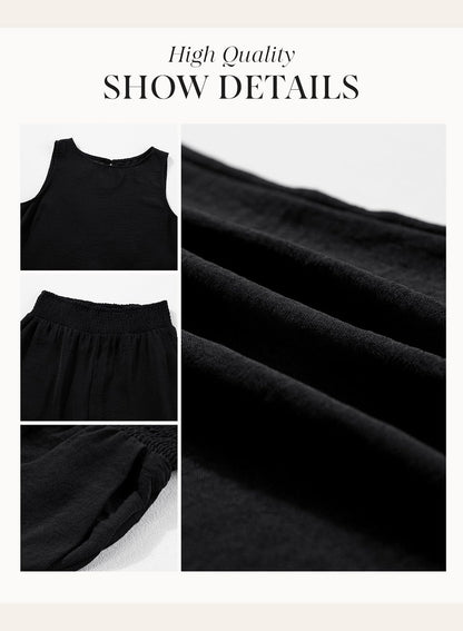 Dokotoo Pants Sets Women 2 Piece Outfits Sleeveless Round Neck Tank Tops Matching Sets for Women Elastic Waist Wide Leg