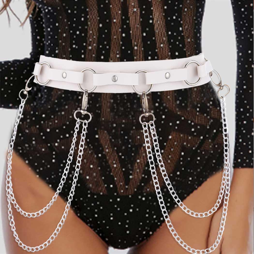 Obmyec Punk Waist Chain Belts Leather Belly Body Chain Gothic Black Leather Waist Accessories for Women (White)