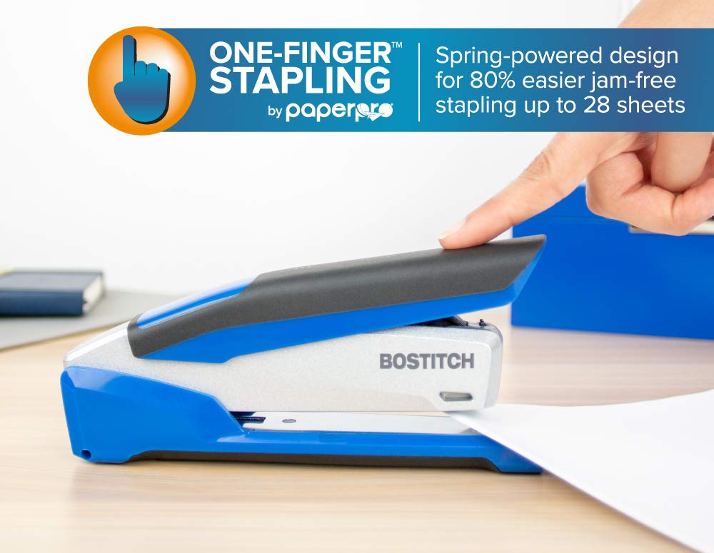 Bostitch Office InPower Spring-Powered Premium Desktop Stapler - One Finger, No Effort, Blue/Silver (1118)