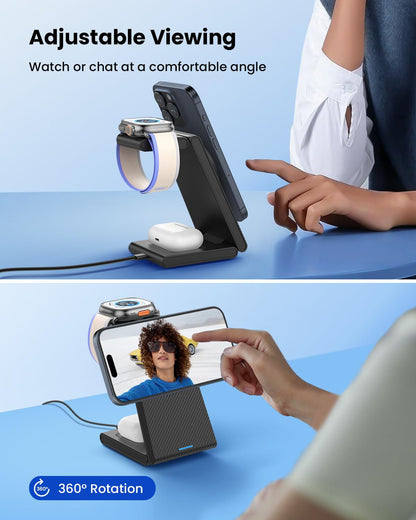 Wireless Charging Station for Apple - 3 in 1 Wireless Charger Stand Dock Watch and Phone Charger Station for Apple Watch 11/8/7/SE/6/5/4/3/2, iPhone 17 16-12 Pro Max SE XS X, Samsung, AirPods Pro/3/2