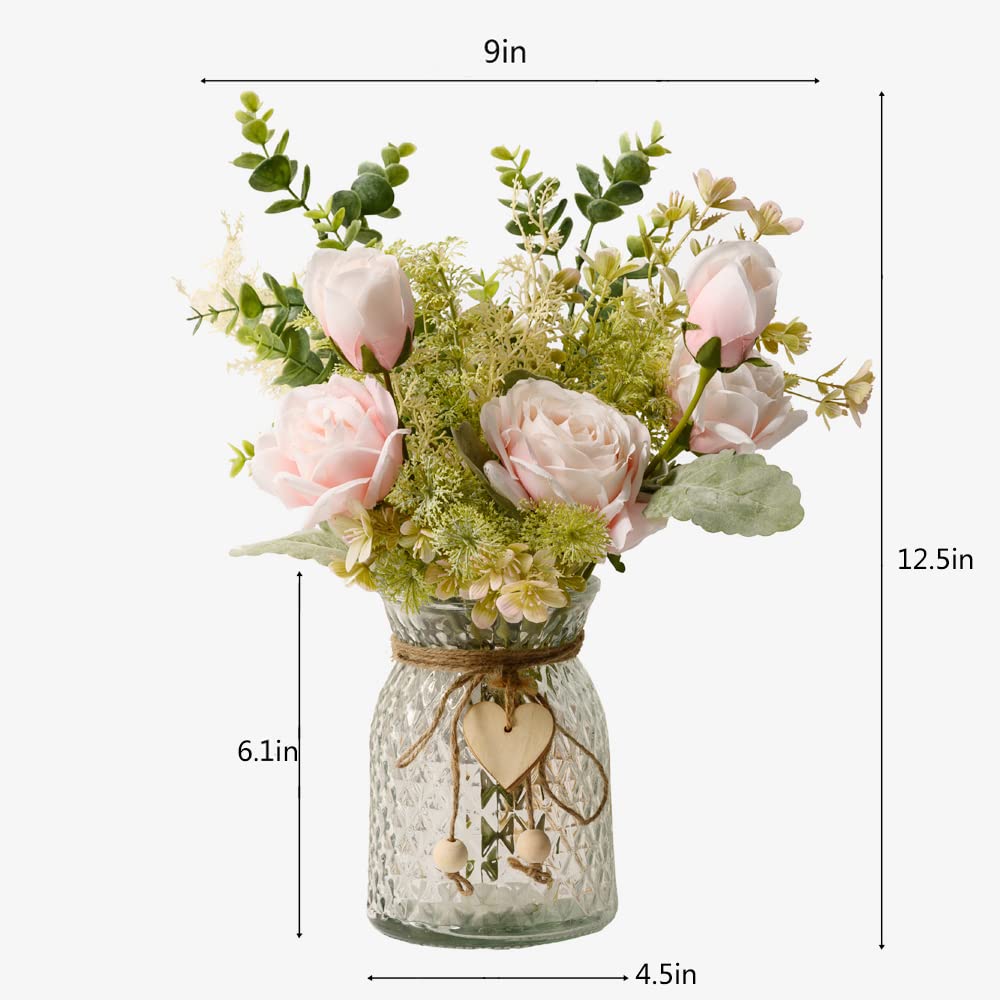 YJ Fake Flowers with Vase, Artificial Flowers Silk Roses Flower Bouquet in Vase, Faux Flower Arrangements,Farmhouse Table Decor,Table Decorations for Living Room,Coffee Table Decor(Pink)