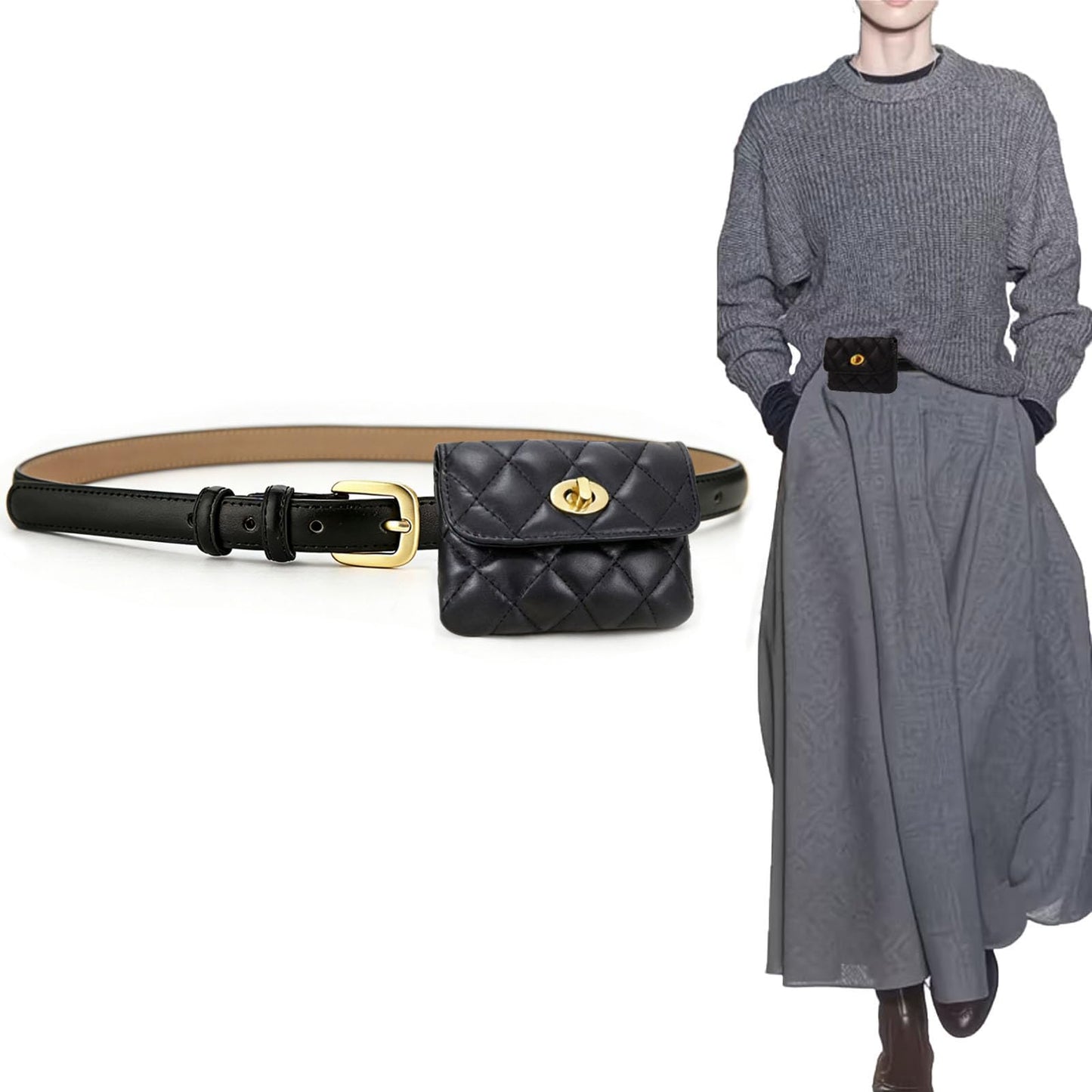 ORUIVO Women's Leather Belt with Mini Pouch, Adjustable Detachable Trendy Fanny Pack - Ideal for Dresses (Black)
