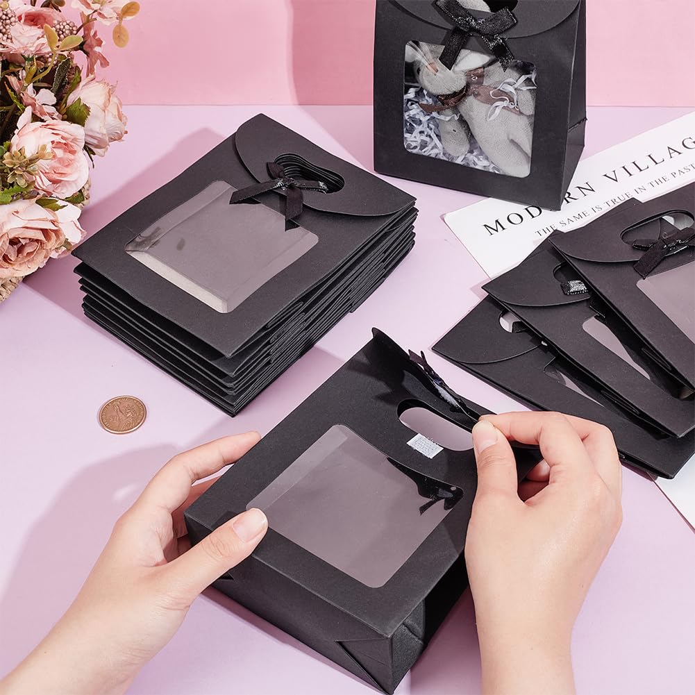 NBEADS 24 Pcs Black Kraft Paper Bags with Clear Window, Stand Up Gift Bag with Handles Small Gift Bag with Bowknot for Candy Cookies Packaging Wedding Christmas Party Store Retail