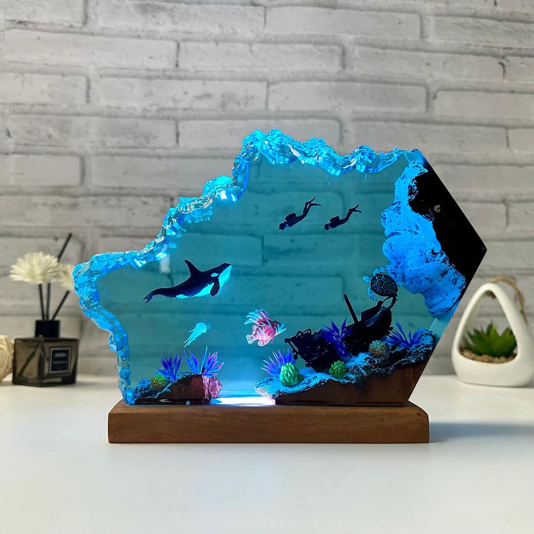 VISIOLEX Resin Ocean Lamp, Resin Wooden Lamp, Table Lamp, Night Lamp, Resin Lamp, Ocean Lamp, Tabletop Art Decoration, Handmade Bedside Wooden Table Resin Lamp, Bedroom Decoration (6 * 4in)