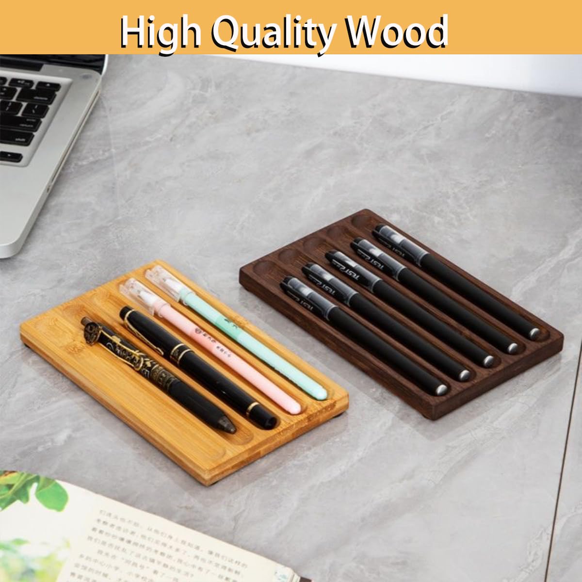 LITAITAI Horizontal Pen Holder For Desk,Pen Tray,Wood Desk Pen Holder,Desk Top Pen Display,Teacher Gifts,Suitable For School,Home,Office Desktop Art Accessories (Walnut-3 Grid)