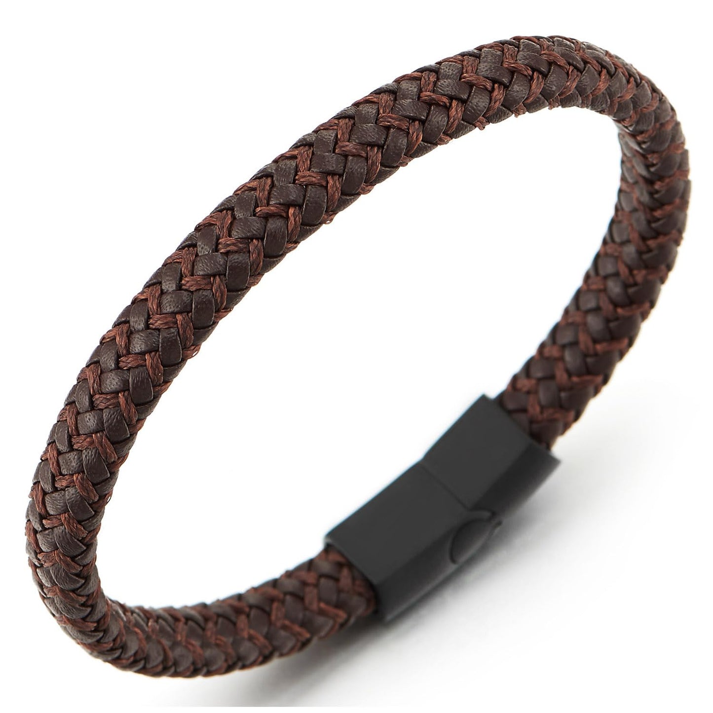 COOLSTEELANDBEYOND Men's Brown Braided Leather Bracelet with Matte Black Clasp, Nordic Minimalist Jewelry for Daily Wear, Rustic Masculine Fashion Gift for Him