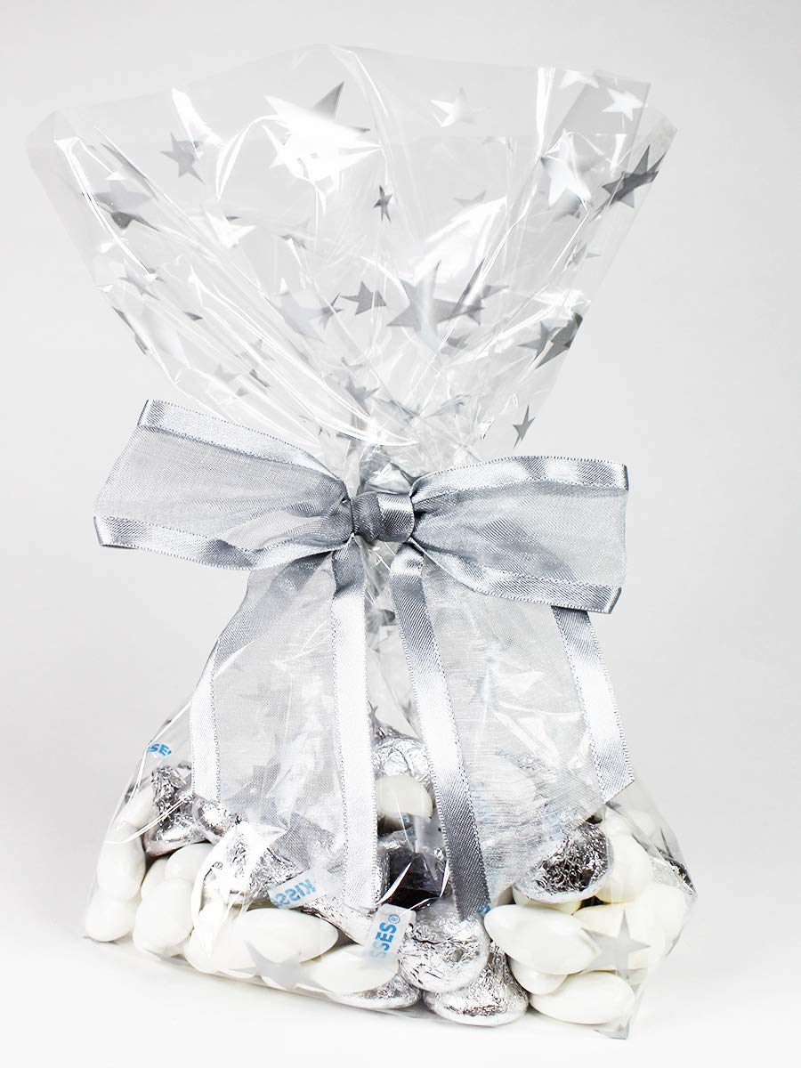 Saybrook Products Silver Stars Christmas Holiday Hanukkah Cellophane Treat Party Favor Bags with Twist-Tie Organza Bow. Set of 10 Ready-to-Use, Gussetted 11x5x3 Goodie Bags with Silver Metallic Bows.