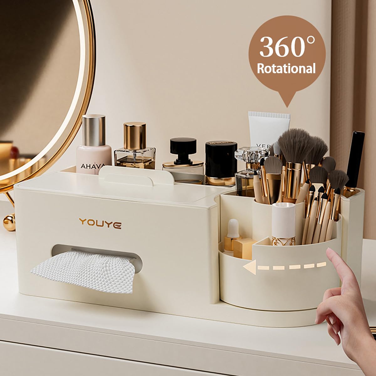 Aiabaleaft Multifunctional Organizer Rotating Brush Holder Makeup Organizer With Tissue Box for Study Table Living Room Dressers Home Office (White)