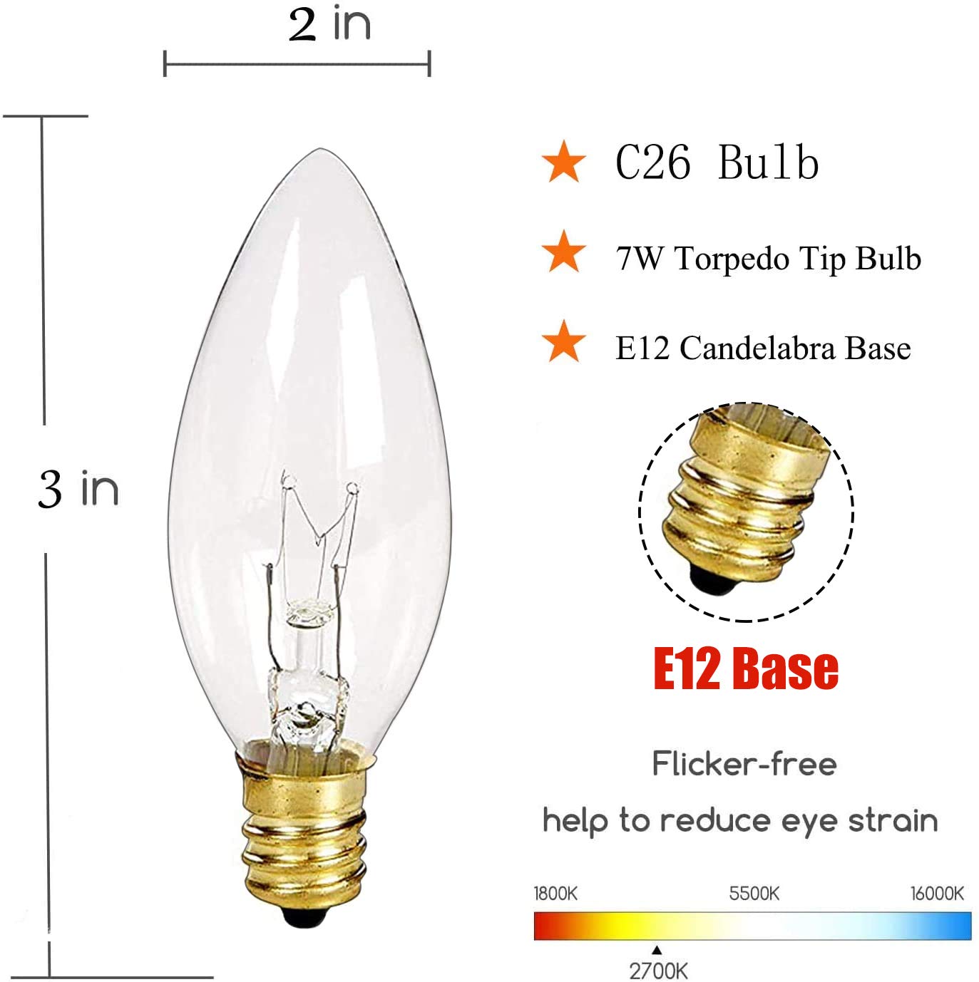 25 Pack Clear Torpedo Tip Candle Light Bulbs, C26 Clear Incandescent Replacement Bulb for Electric Window Candles Lamps, Night light, C7/E12 Candelabra Base Chandelier Light Bulbs, 120V 7 Watts Bulbs