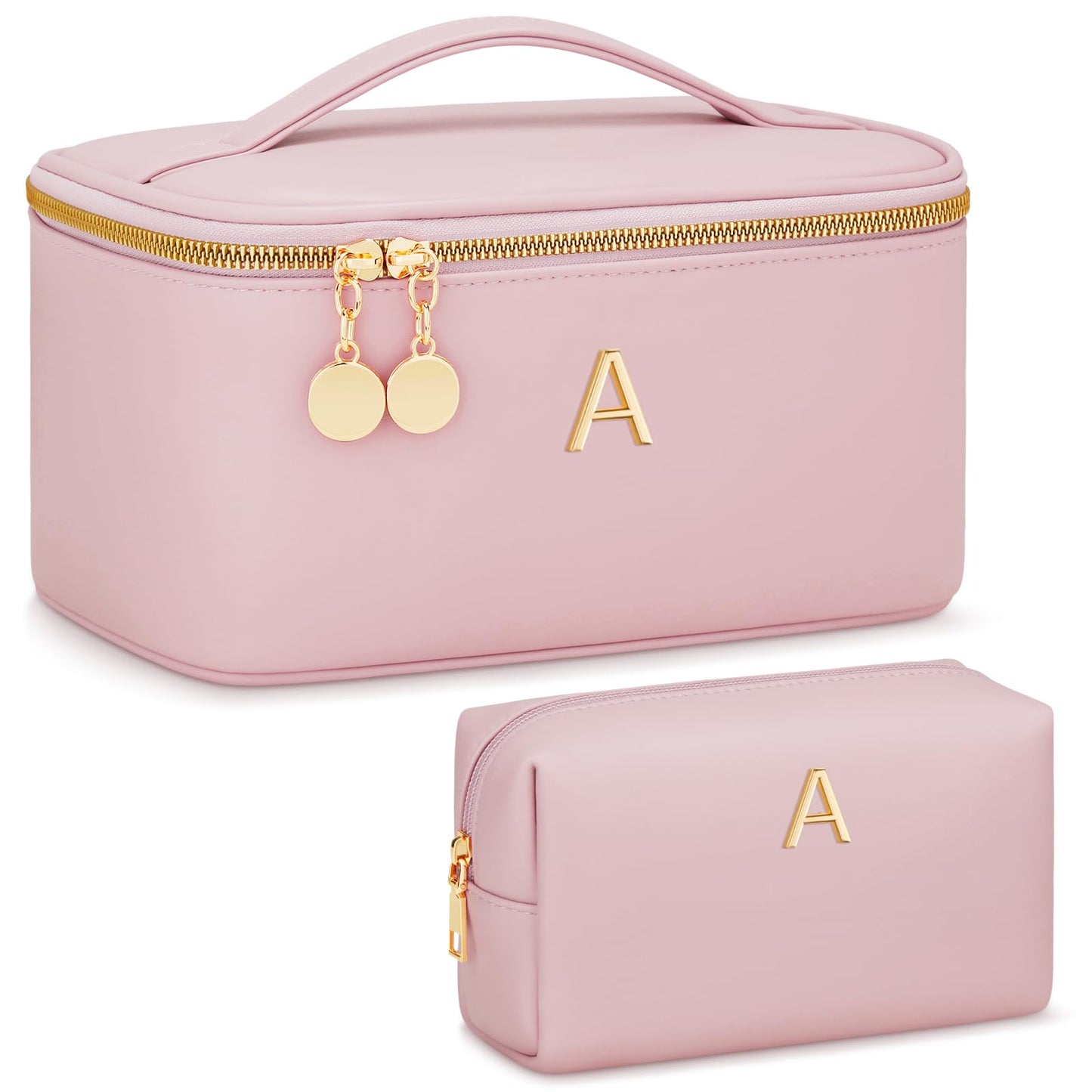 CLOUDWINGS Personalized Initial Makeup Bag Gifts for Women, Large Travel Cosmetic Organizer with Handle & Divider, PU Leather Toiletry Bag for Girls, Birthday Bridesmaid Gift Set - Pink - A