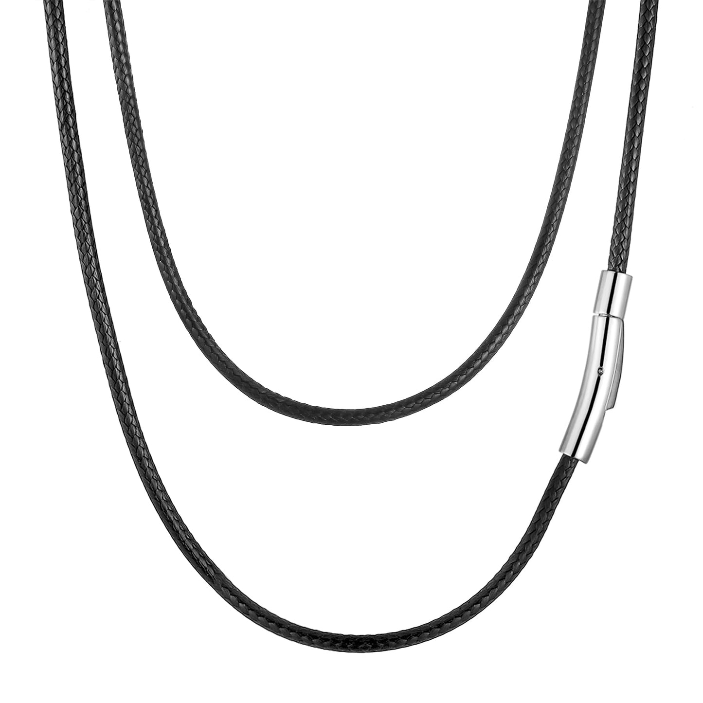 SKQIR 3mm Black Waterproof Braided Leather Cord Necklace with Durable Stainless Steel Snap Clasp Men Women Woven Wax String Rope Chain for DIY Pendant Length 24"