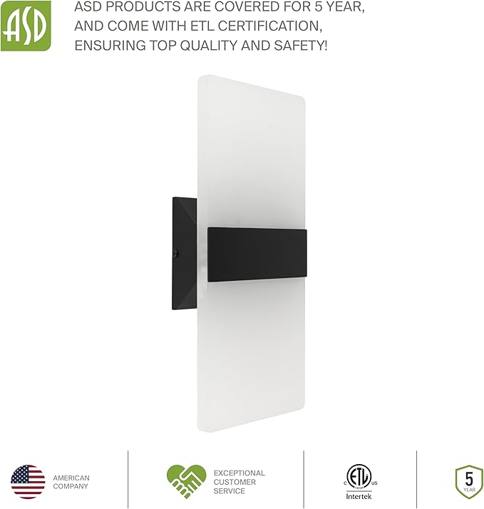 ASD 14 Inch LED Indoor Wall Sconce - Modern Interior 24W 120V 2700K-5000K Adjustable Dimmable Wall Mounted Light Fixtures, Acrylic Glass Wall Lights for Stairway, Hallway - ETL, Matte Black 2 Pack