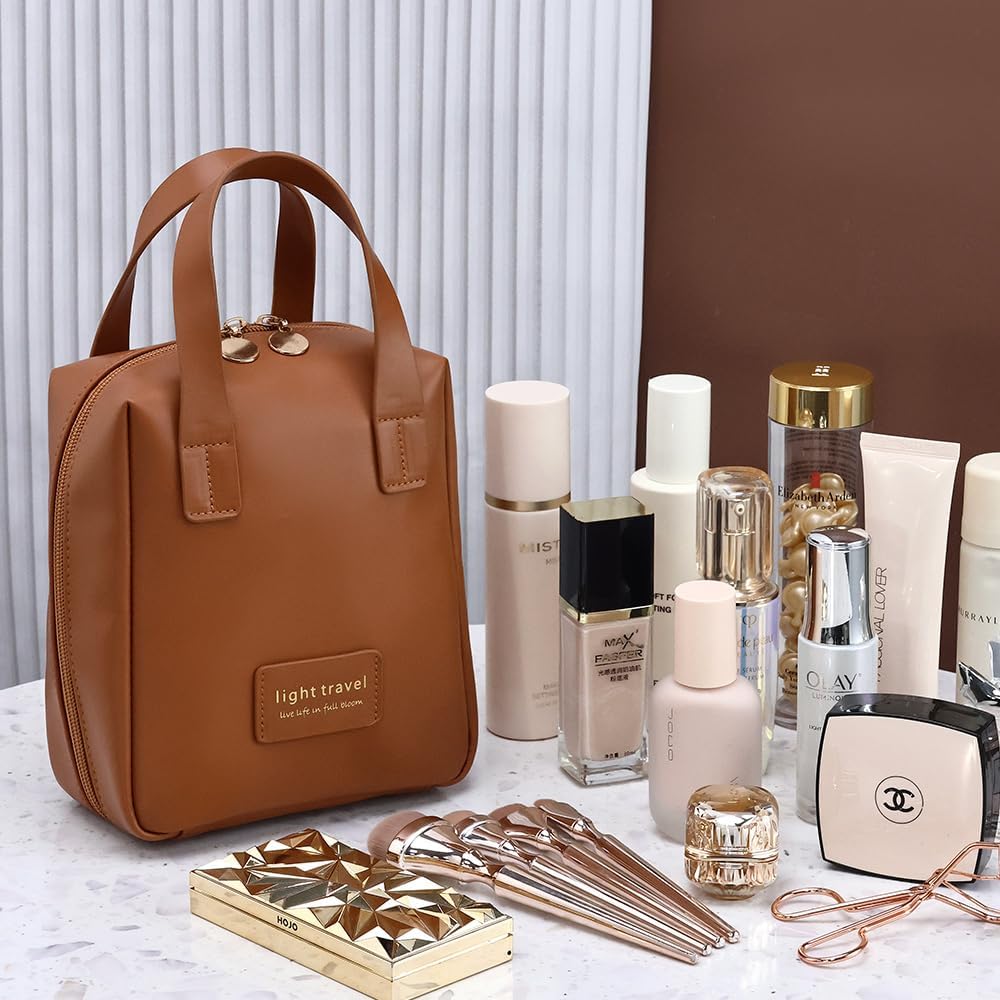 coldchill Travel Makeup Bag, Large Capacity Cosmetic Bags, Waterproof Portable Pouch, Open Flat Toiletry Bag Make up Organizer with Divider and Handle for Women and Girls (Brown)