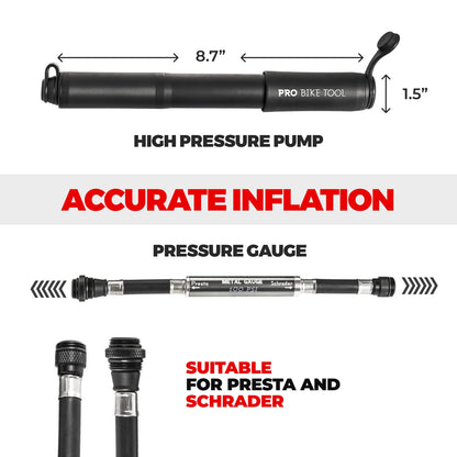 Pro-Bike Tool Mini Bike Pump with Gauge - Fits Presta & Schrader - Accurate Inflation - Mount Kit incl. - 100 PSI