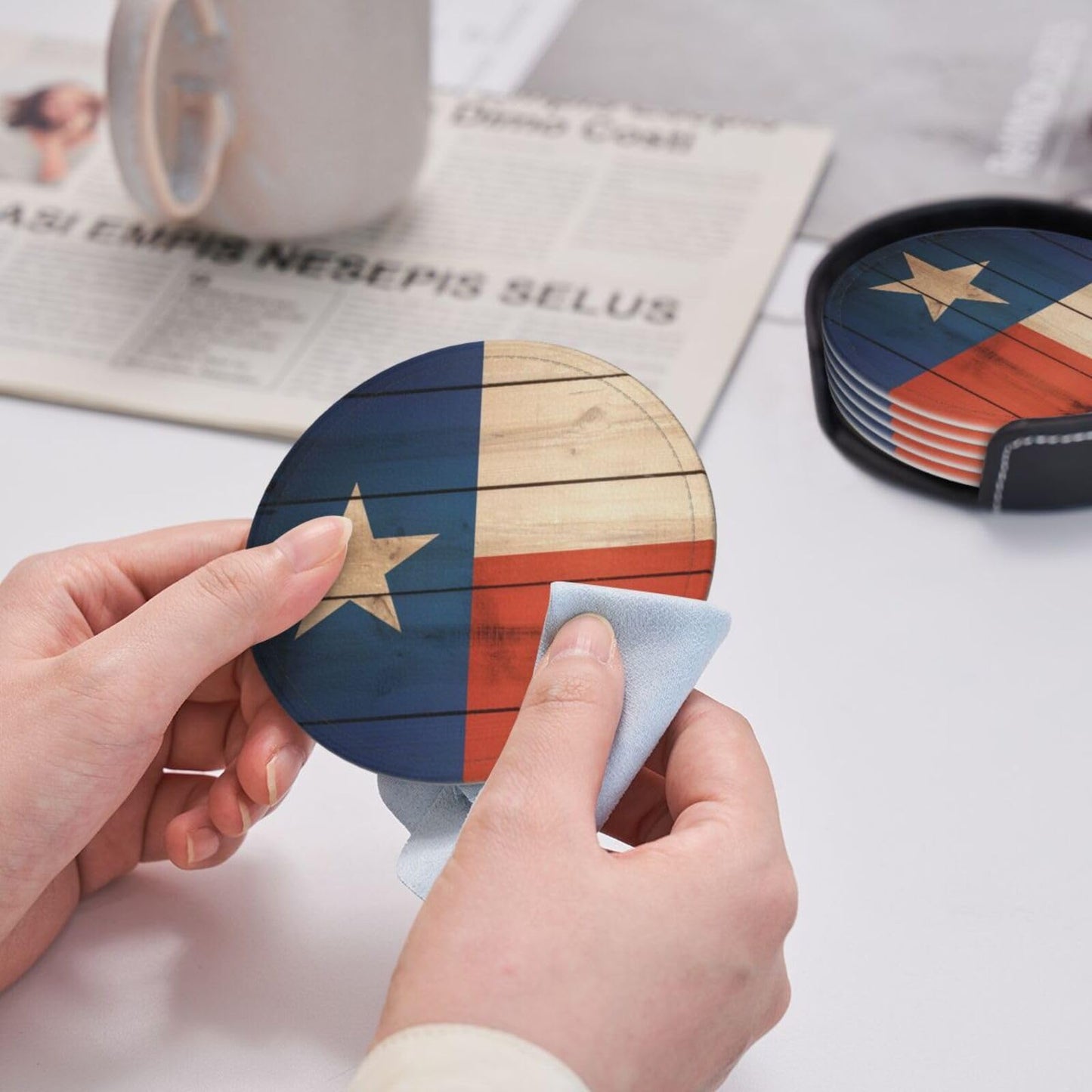 Keeawou Wood Texas Flag Leather Drinks Coasters with Holder, Set of 6, Suitable for Various Cups