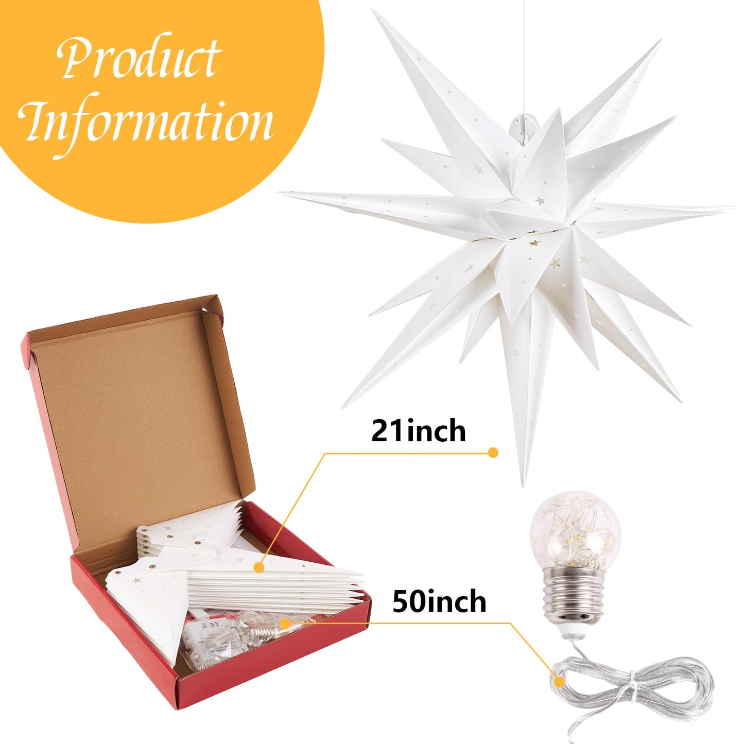 SUNBEAUTY 21 Inches White Large Moravian Stars Outdoor Light Warm White LED Hanging Star Lights 3D Christmas Tree Topper Star for Holiday Wedding Birthday Porch Party Decor